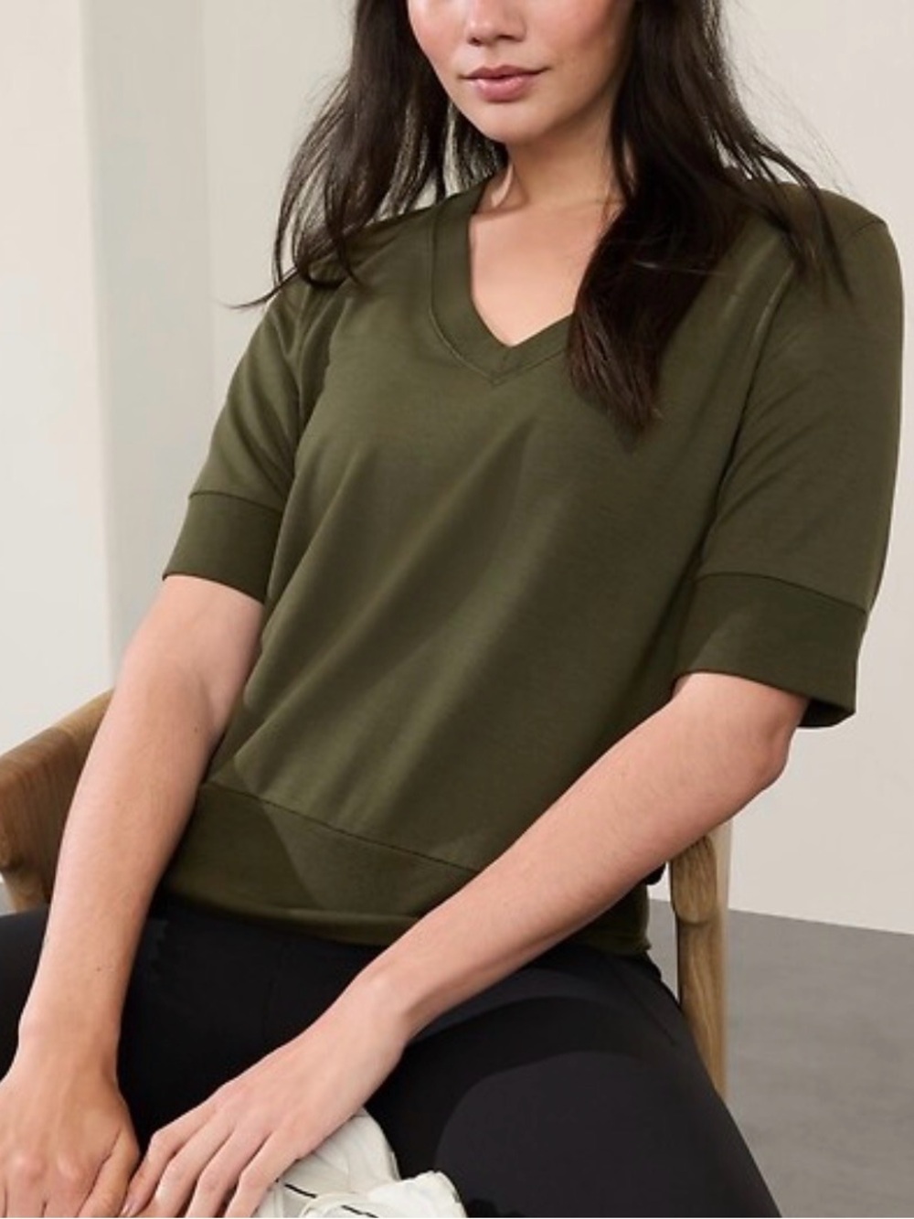 Athleta Olive Green V-Neck Short Sleeve Top
